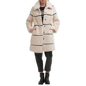 Karl Lagerfeld Paris Faux Fur Coat Ivory Oyster Black Stripe Teddy Coat M NWT